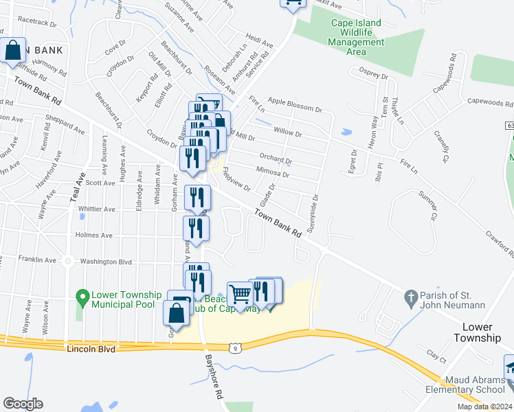 map of restaurants, bars, coffee shops, grocery stores, and more near 619 Town Bank Road in North Cape May