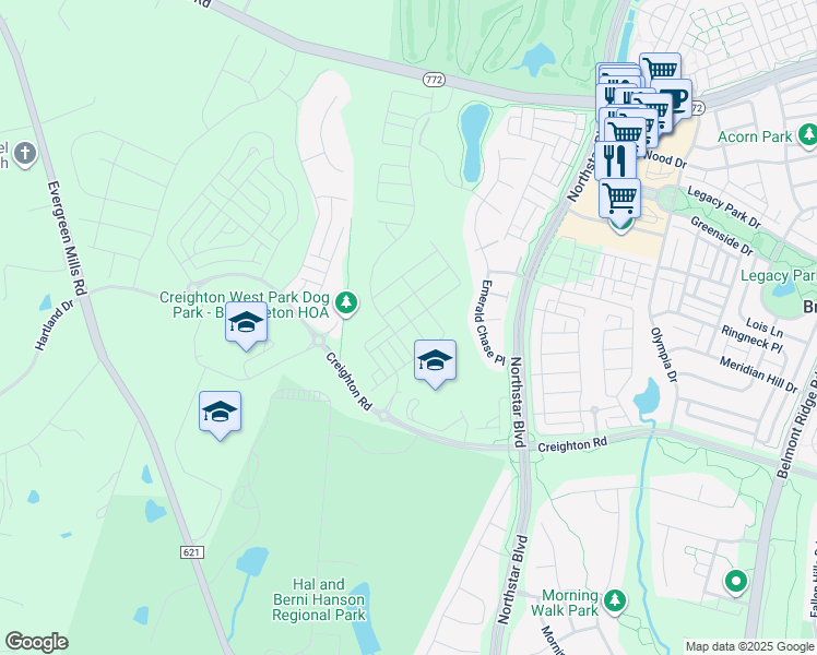 map of restaurants, bars, coffee shops, grocery stores, and more near 42129 Picasso Square in Brambleton