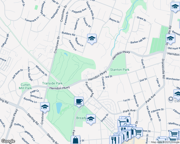 map of restaurants, bars, coffee shops, grocery stores, and more near 1106 Whitworth Court in Herndon