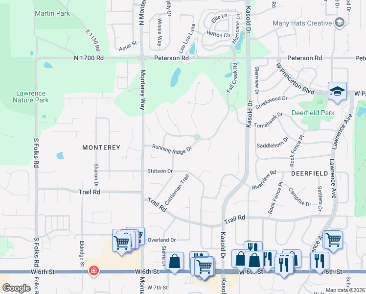 map of restaurants, bars, coffee shops, grocery stores, and more near 107 Fall Creek Road in Lawrence