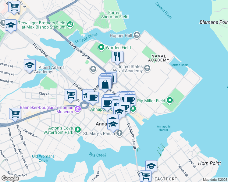map of restaurants, bars, coffee shops, grocery stores, and more near 208 Prince George Street in Annapolis