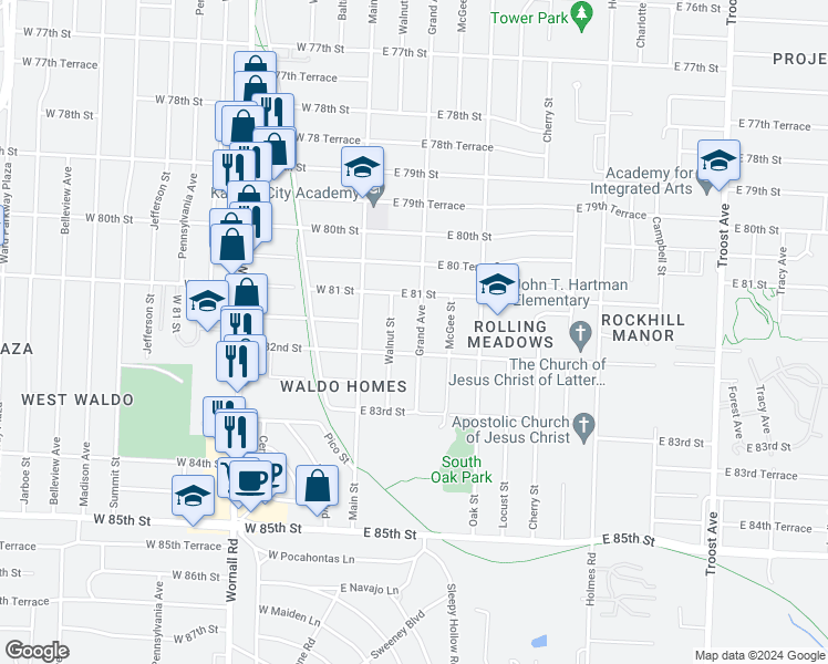 map of restaurants, bars, coffee shops, grocery stores, and more near 8116 Grand Avenue in Kansas City
