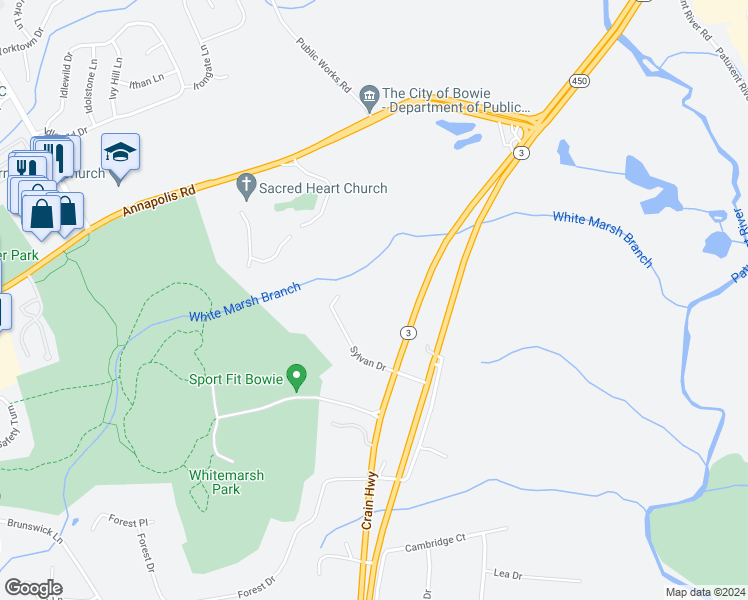 map of restaurants, bars, coffee shops, grocery stores, and more near 16608 Sylvan Drive in Bowie