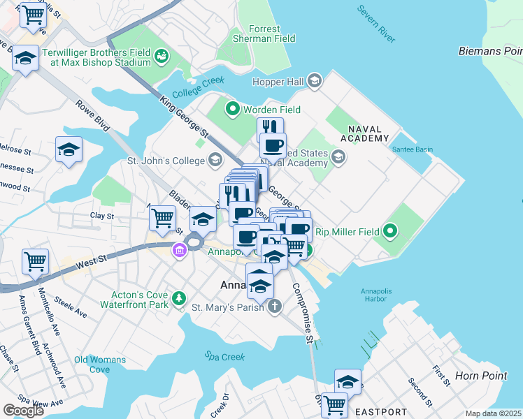 map of restaurants, bars, coffee shops, grocery stores, and more near 208 Prince George Street in Annapolis