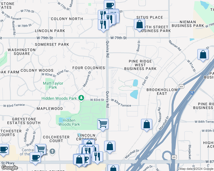 map of restaurants, bars, coffee shops, grocery stores, and more near 8202 Quivira Road in Lenexa