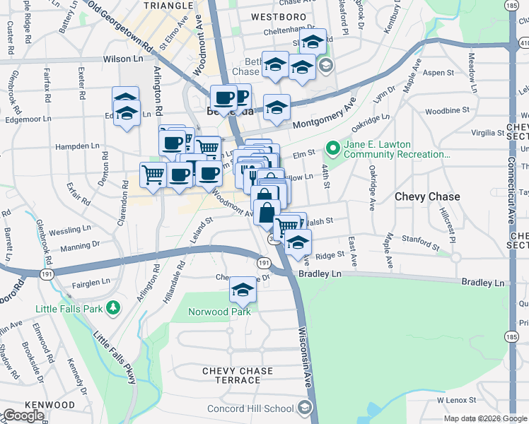 map of restaurants, bars, coffee shops, grocery stores, and more near 2611 Woodmont Avenue in Bethesda