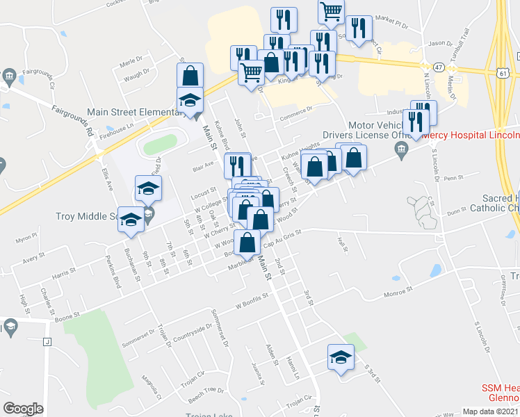 map of restaurants, bars, coffee shops, grocery stores, and more near 193 East Collier Street in Troy