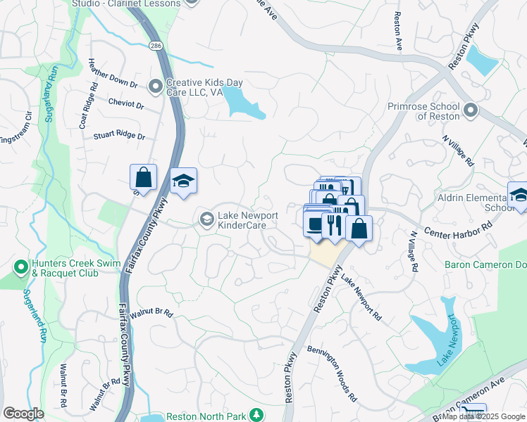 map of restaurants, bars, coffee shops, grocery stores, and more near 1443 Newport Spring Court in Reston