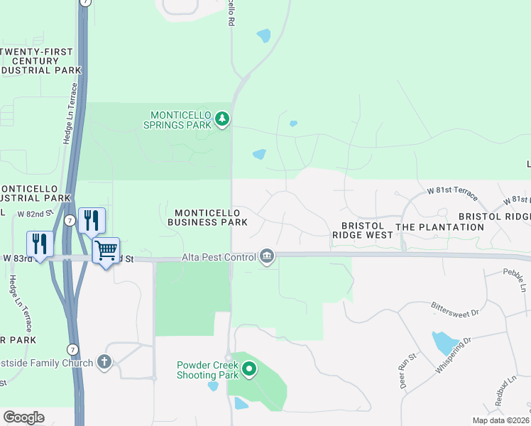 map of restaurants, bars, coffee shops, grocery stores, and more near 8215 Monticello Road in Lenexa