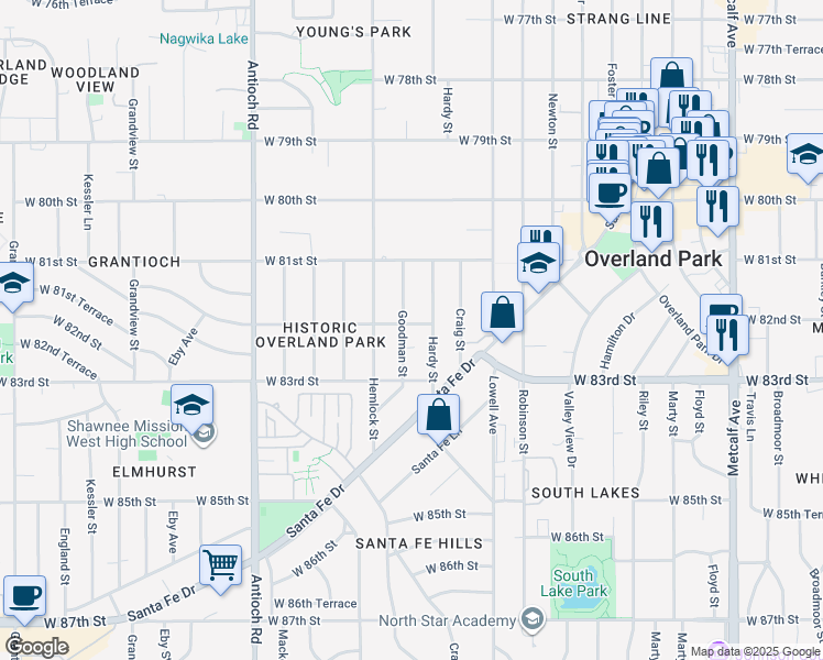 map of restaurants, bars, coffee shops, grocery stores, and more near 8145 Goodman Street in Overland Park
