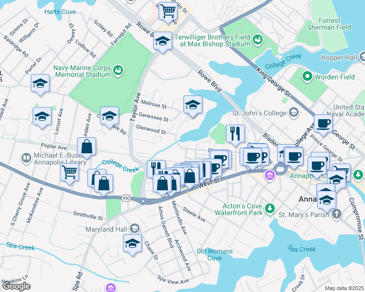 map of restaurants, bars, coffee shops, grocery stores, and more near 212 Clay Street in Annapolis