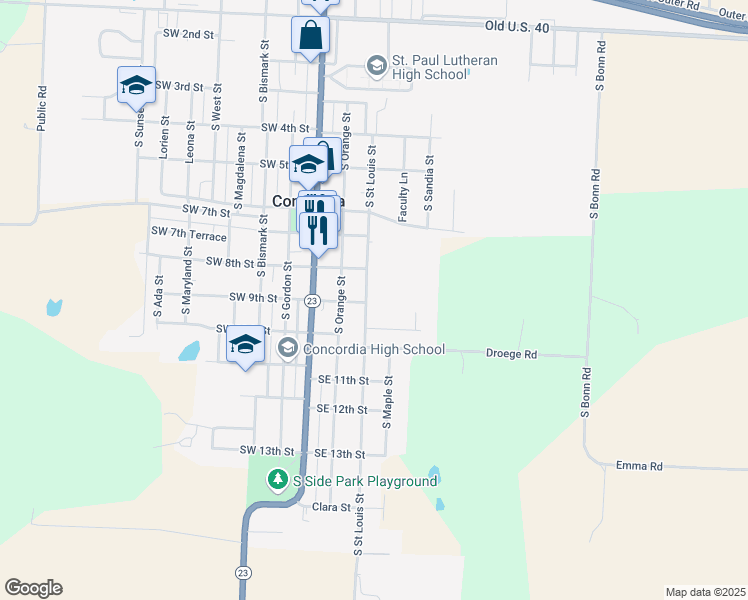 map of restaurants, bars, coffee shops, grocery stores, and more near 803 South Saint Louis Street in Concordia