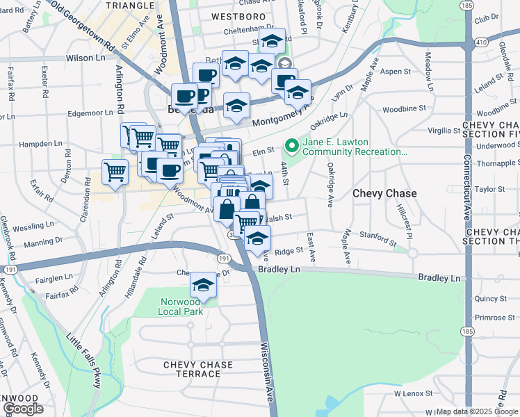 map of restaurants, bars, coffee shops, grocery stores, and more near 4504 Leland Street in Chevy Chase