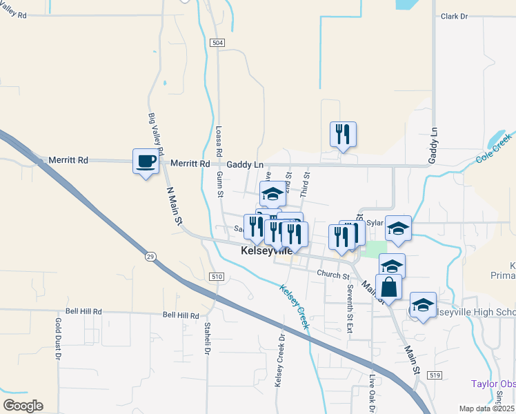 map of restaurants, bars, coffee shops, grocery stores, and more near 5140 Park Avenue in Kelseyville