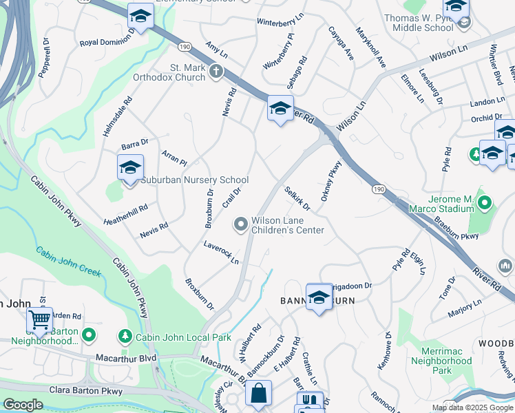 map of restaurants, bars, coffee shops, grocery stores, and more near 6913 Wilson Lane in Bethesda