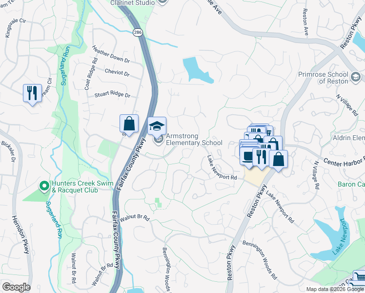 map of restaurants, bars, coffee shops, grocery stores, and more near 1510 Deer Point Way in Reston