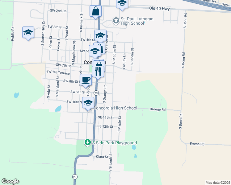 map of restaurants, bars, coffee shops, grocery stores, and more near 803 South Saint Louis Street in Concordia