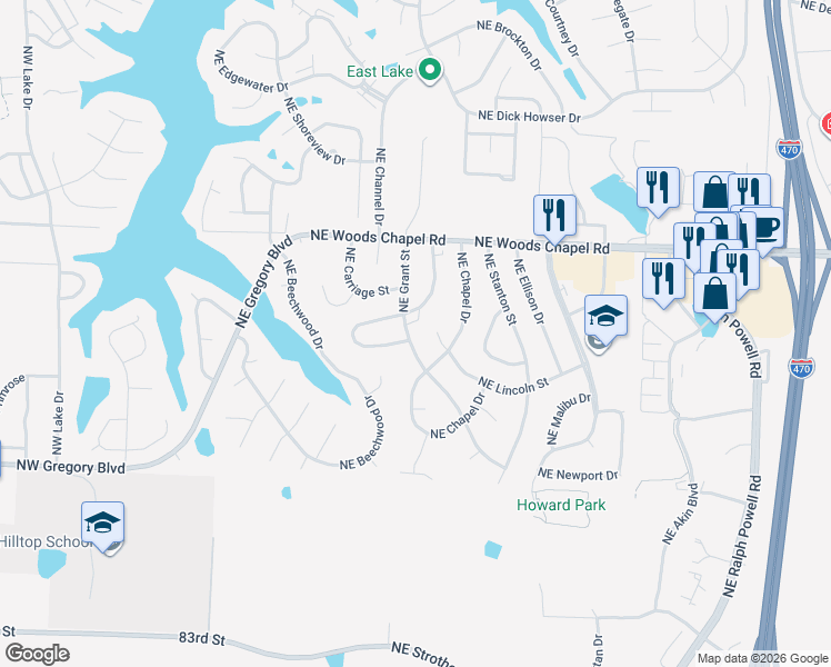 map of restaurants, bars, coffee shops, grocery stores, and more near 3713 Northeast Colonial Drive in Lee's Summit
