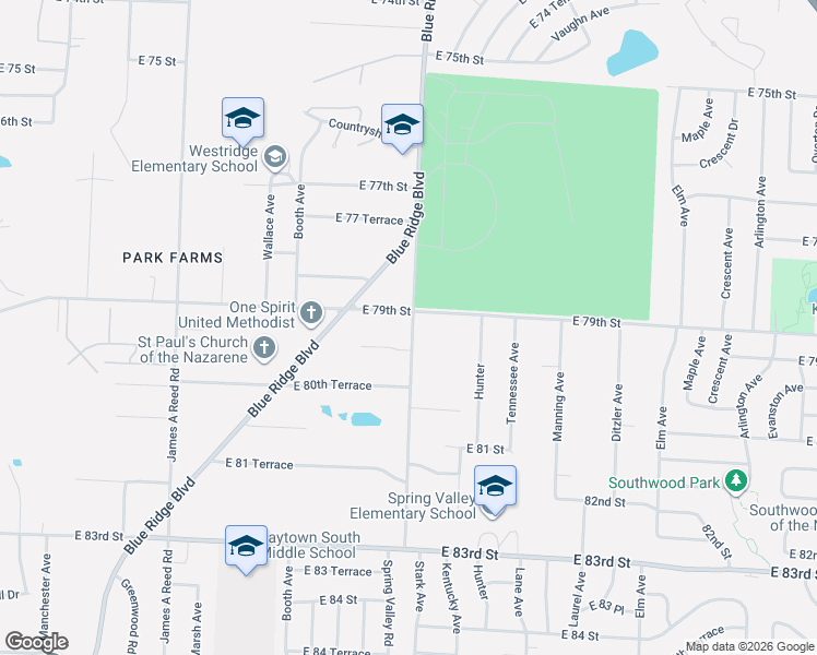 map of restaurants, bars, coffee shops, grocery stores, and more near 8721 East 79th Street in Raytown