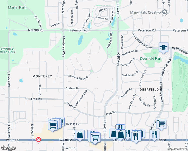 map of restaurants, bars, coffee shops, grocery stores, and more near 200-202 Fall Creek Rd in Lawrence