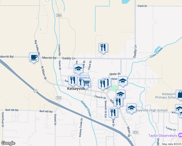 map of restaurants, bars, coffee shops, grocery stores, and more near 4021 Graystone Court in Kelseyville