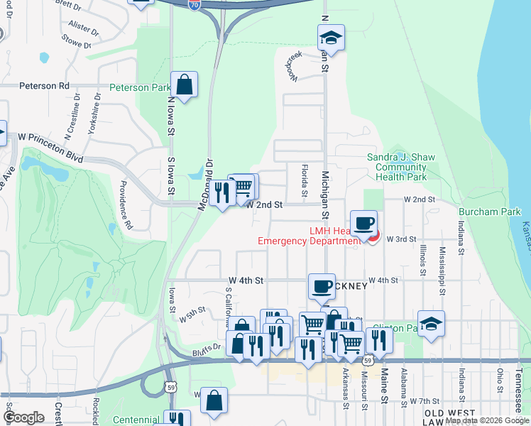map of restaurants, bars, coffee shops, grocery stores, and more near 201 Wisconsin Street in Lawrence