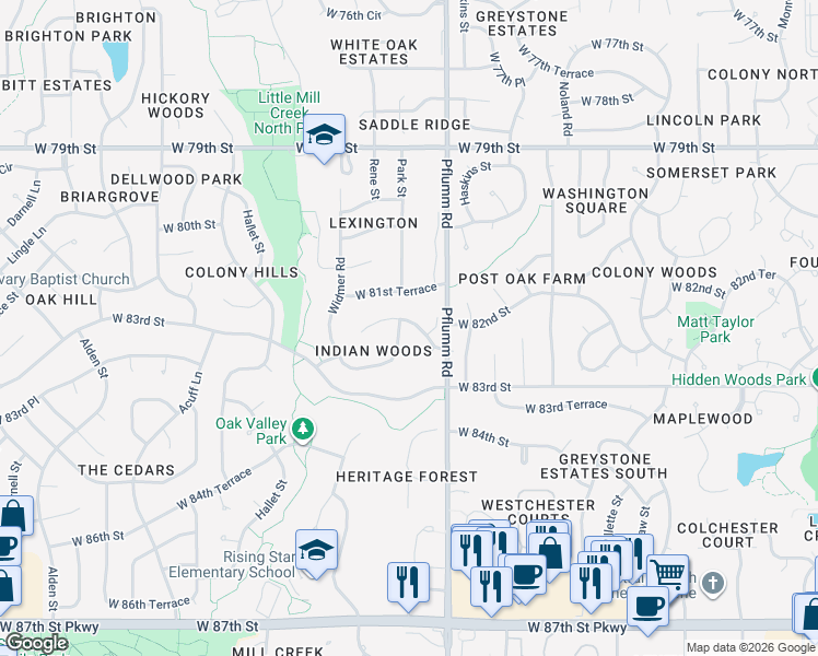 map of restaurants, bars, coffee shops, grocery stores, and more near 13704 West 82nd Street in Lenexa