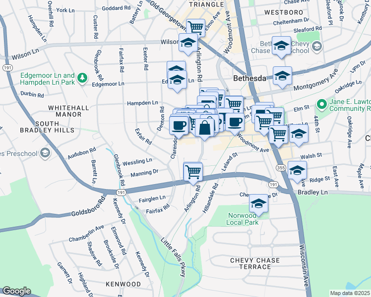 map of restaurants, bars, coffee shops, grocery stores, and more near 7020 Arlington Road in Bethesda