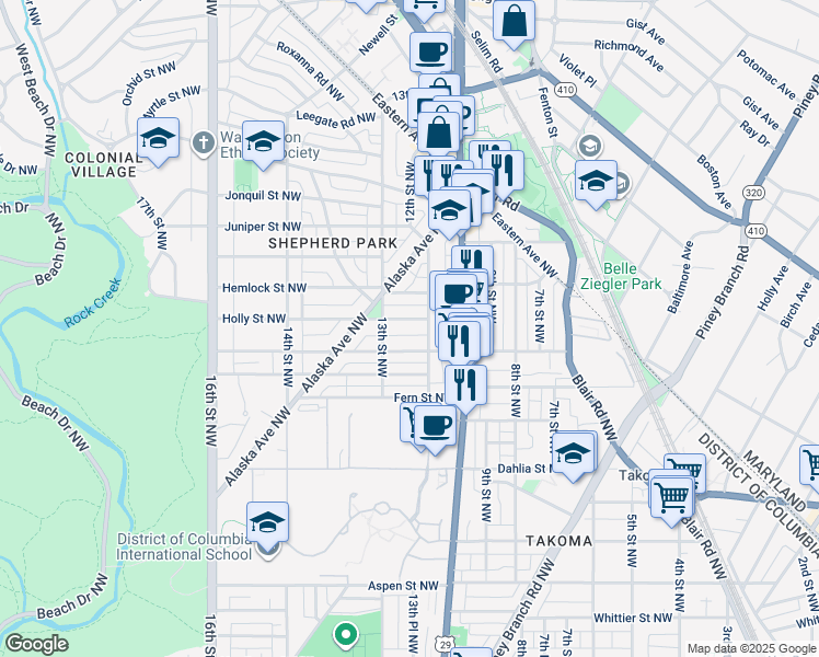 map of restaurants, bars, coffee shops, grocery stores, and more near 1208 Holly Street Northwest in Washington