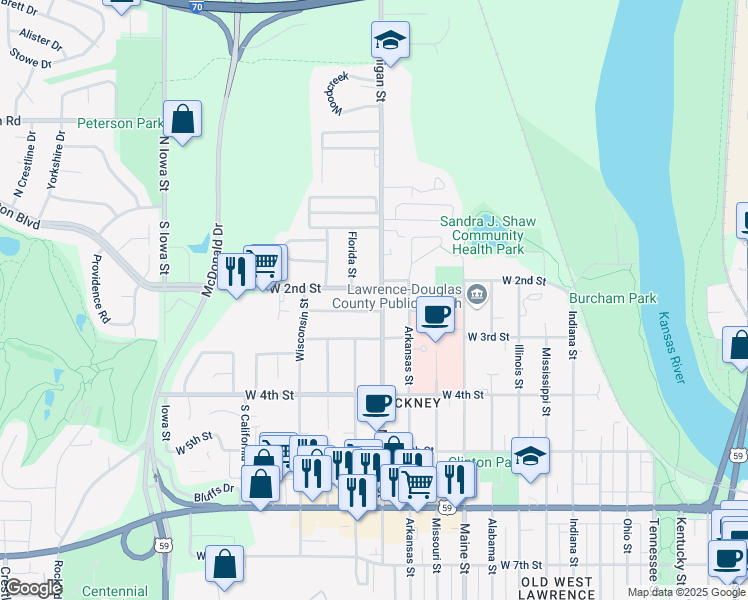 map of restaurants, bars, coffee shops, grocery stores, and more near 1401-1409 West 2nd Street in Lawrence