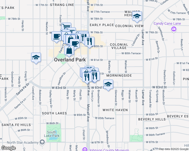 map of restaurants, bars, coffee shops, grocery stores, and more near 6918 West 82nd Street in Overland Park