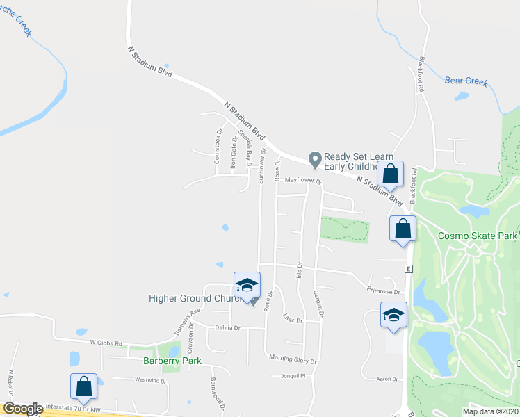map of restaurants, bars, coffee shops, grocery stores, and more near 2307 Sunflower Street in Columbia