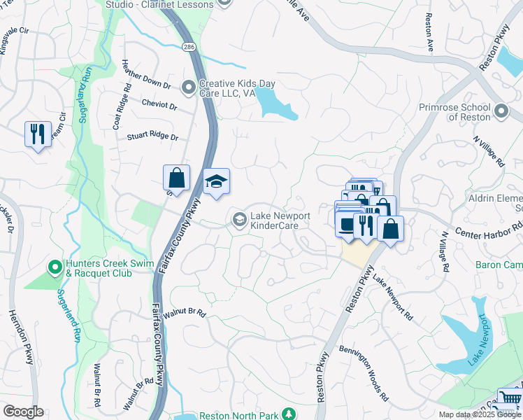 map of restaurants, bars, coffee shops, grocery stores, and more near 1502 Deer Point Way in Reston