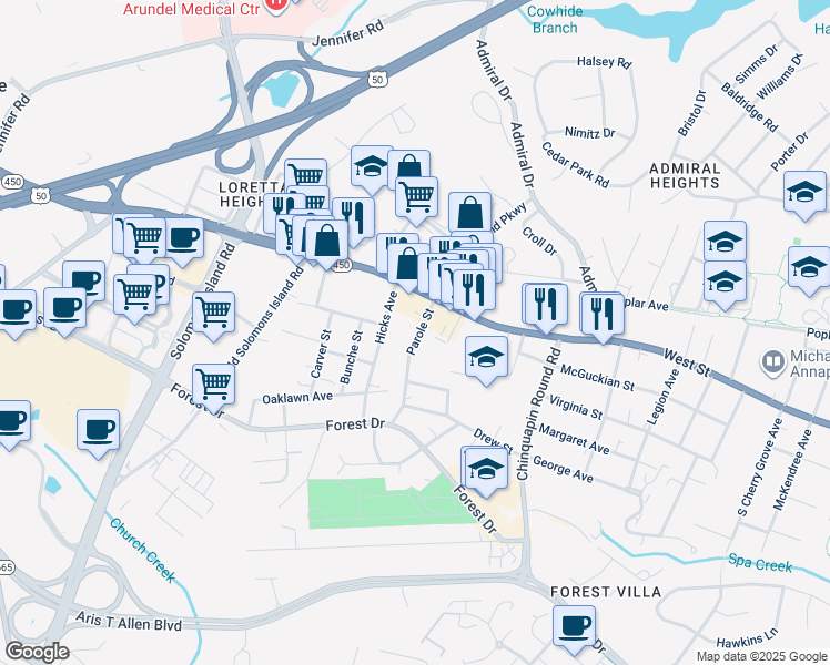 map of restaurants, bars, coffee shops, grocery stores, and more near 16 Parole Street in Annapolis