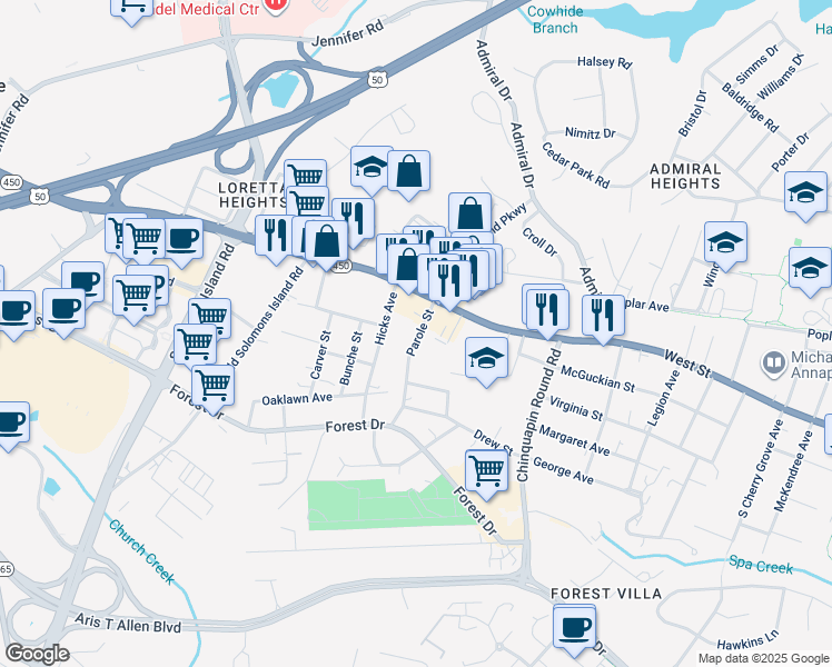 map of restaurants, bars, coffee shops, grocery stores, and more near 16 Parole Street in Annapolis