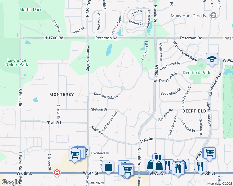 map of restaurants, bars, coffee shops, grocery stores, and more near 107 Fall Creek Road in Lawrence