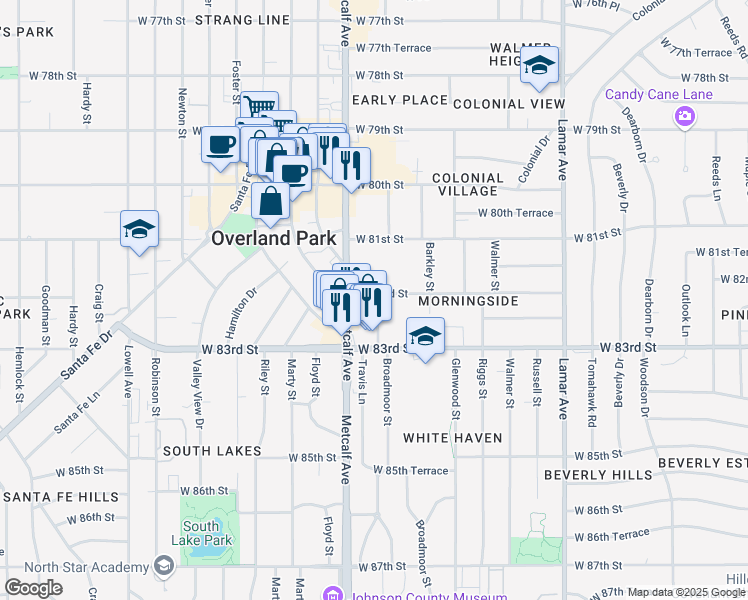 map of restaurants, bars, coffee shops, grocery stores, and more near 6918 West 82nd Street in Overland Park