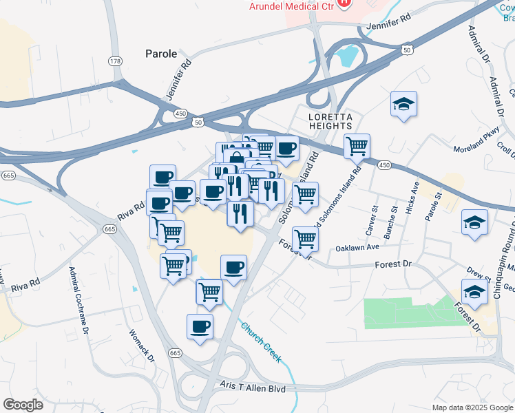 map of restaurants, bars, coffee shops, grocery stores, and more near 1915 Towne Centre Boulevard in Annapolis