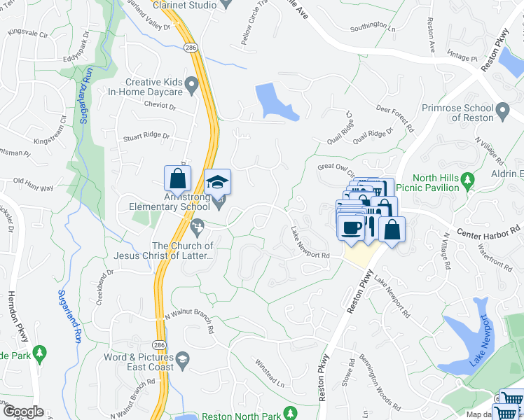 map of restaurants, bars, coffee shops, grocery stores, and more near 1502 Deer Point Way in Reston