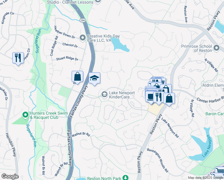 map of restaurants, bars, coffee shops, grocery stores, and more near 1508 Deer Point Way in Reston