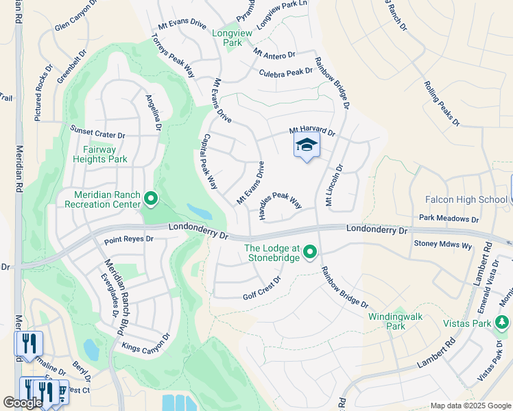 map of restaurants, bars, coffee shops, grocery stores, and more near 12495 Handles Peak Way in Peyton