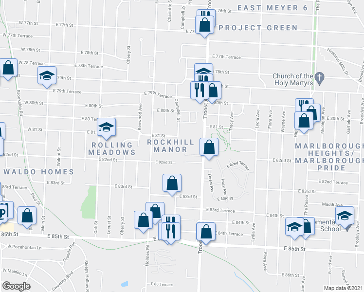 map of restaurants, bars, coffee shops, grocery stores, and more near 8151 Campbell Street in Kansas City