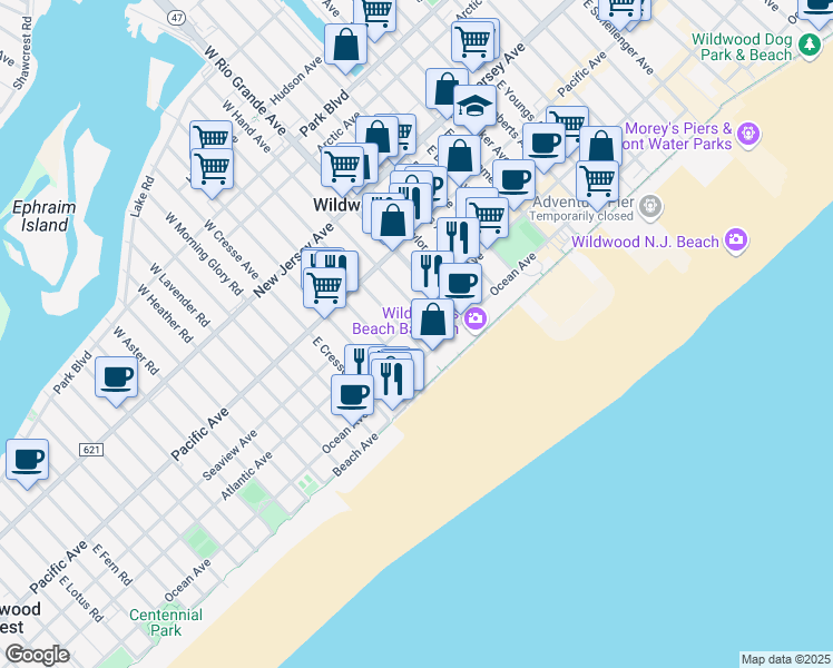 map of restaurants, bars, coffee shops, grocery stores, and more near 317 East Hand Avenue in Wildwood
