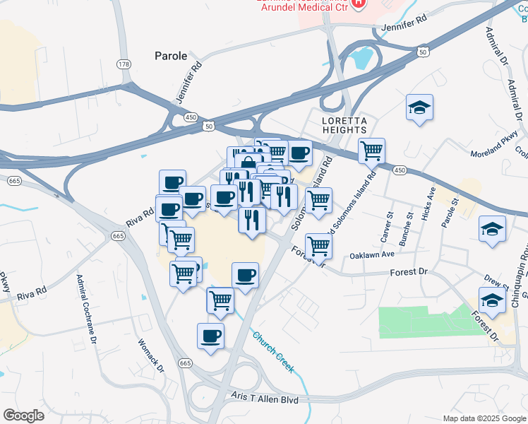 map of restaurants, bars, coffee shops, grocery stores, and more near 1915 Towne Centre Boulevard in Annapolis