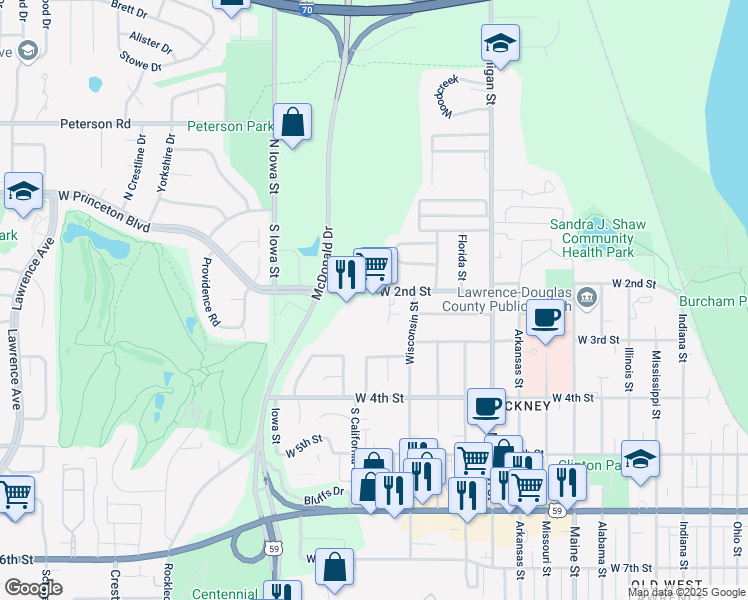 map of restaurants, bars, coffee shops, grocery stores, and more near 1805 West 2nd Street in Lawrence