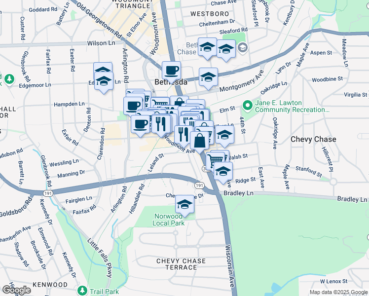 map of restaurants, bars, coffee shops, grocery stores, and more near 7171 Woodmont Avenue in Bethesda