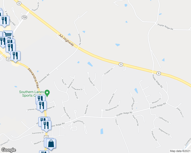 map of restaurants, bars, coffee shops, grocery stores, and more near 3581 James Lane in Alexandria