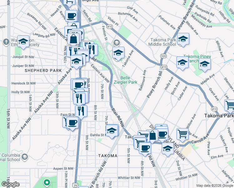 map of restaurants, bars, coffee shops, grocery stores, and more near 101 Independence Avenue Southeast in Washington
