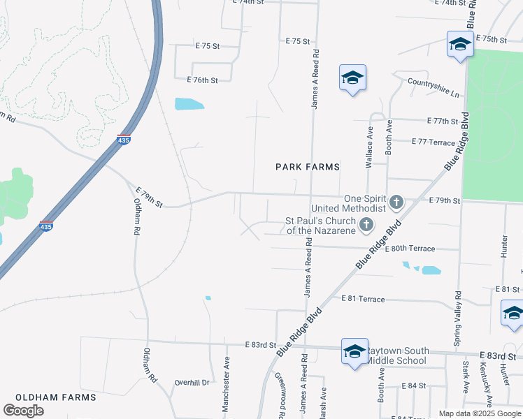 map of restaurants, bars, coffee shops, grocery stores, and more near 8000 East 80 Street in Kansas City