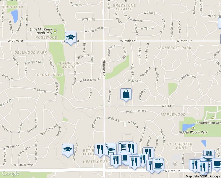 map of restaurants, bars, coffee shops, grocery stores, and more near 8198 Haskins Street in Lenexa